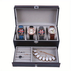 Men's 4 Slot Watch Display Box with Carbon Fiber Stand