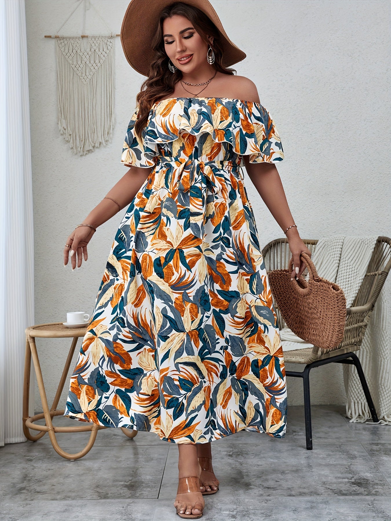  Tropical Print Off Shoulder Ruffle Maxi Dress