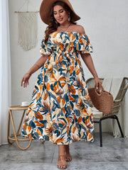  Tropical Print Off Shoulder Ruffle Maxi Dress