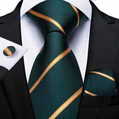 Men's Green Paisley Striped Silk Woven Necktie Set