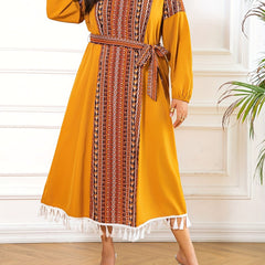  Colorblock Abaya Dress Geometric Print Tassel V Neck