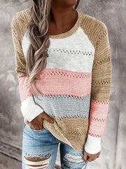 Block Crochet Knit Sweater Casual Crew Neck Long Sleeve Sweater