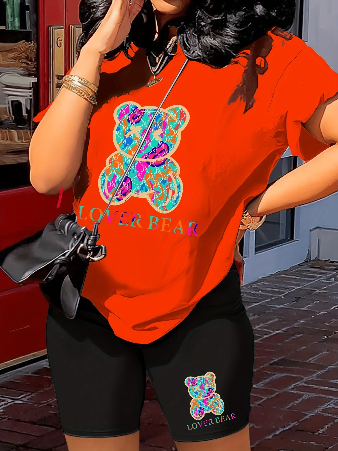 Lover Bear Print Two Piece Outfit Short Sleeve Crew Neck T Shirt & Shorts