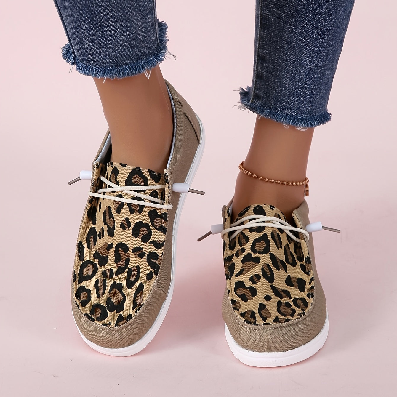 Leopard Print Loafers Lace Up Flat Canvas Shoes Lightweight