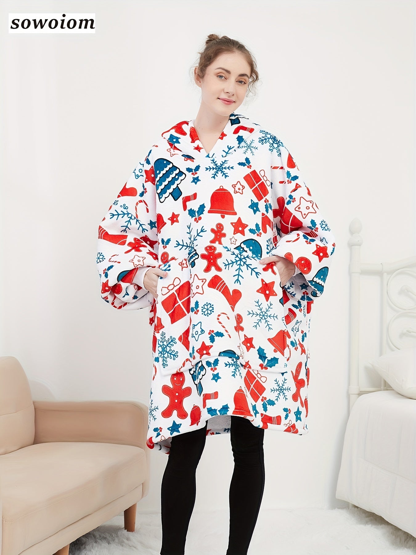  Fleece Snowflake & Bell Print Hooded Robe