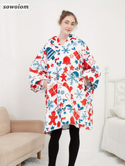  Fleece Snowflake & Bell Print Hooded Robe