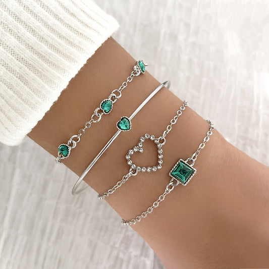 4 Pcs Hollow Chain Bracelet Set Heart Shape Gems Bangle Adjustable Jewelry