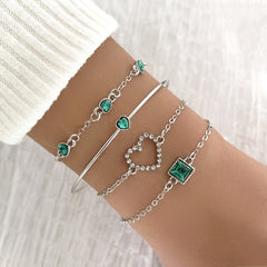 4 Pcs Hollow Chain Bracelet Set Heart Shape Gems Bangle Adjustable Jewelry