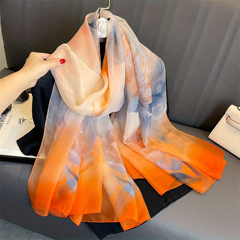 Apricot Leaf Print Chiffon Scarf Soft Shawl Thin Breathable Large Head Wraps