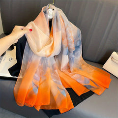 Apricot Leaf Print Chiffon Scarf Soft Shawl Thin Breathable Large Head Wraps