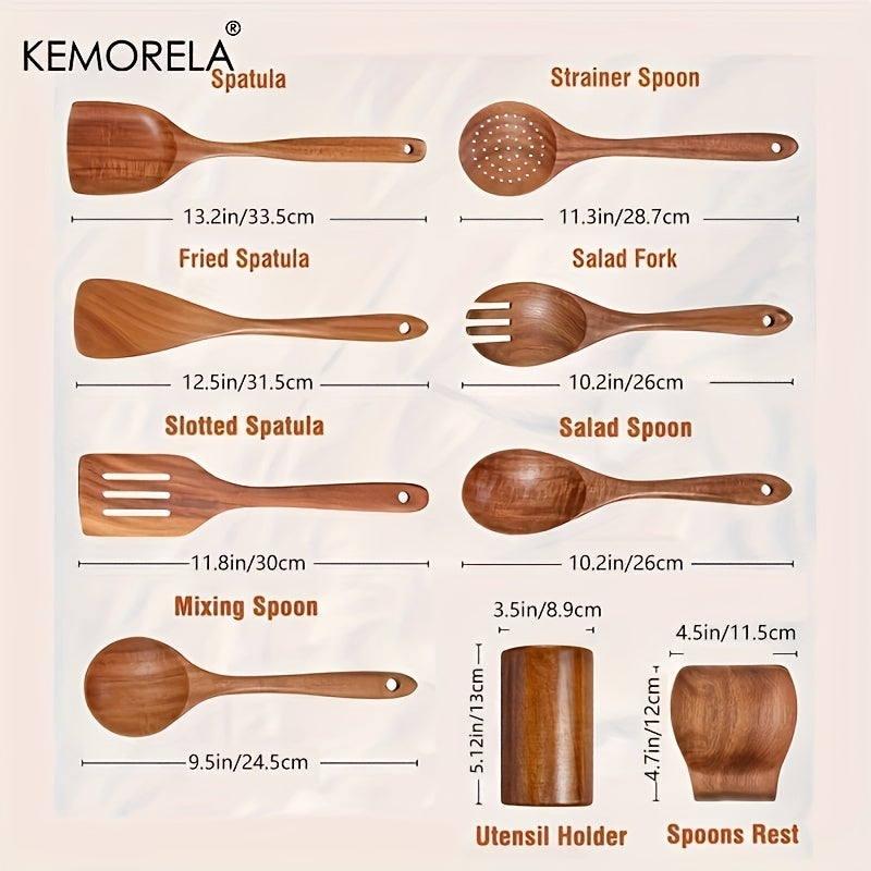 9pcs Wooden Spoons Utensils Holder Teak Kitchen Set with Spoon Rest