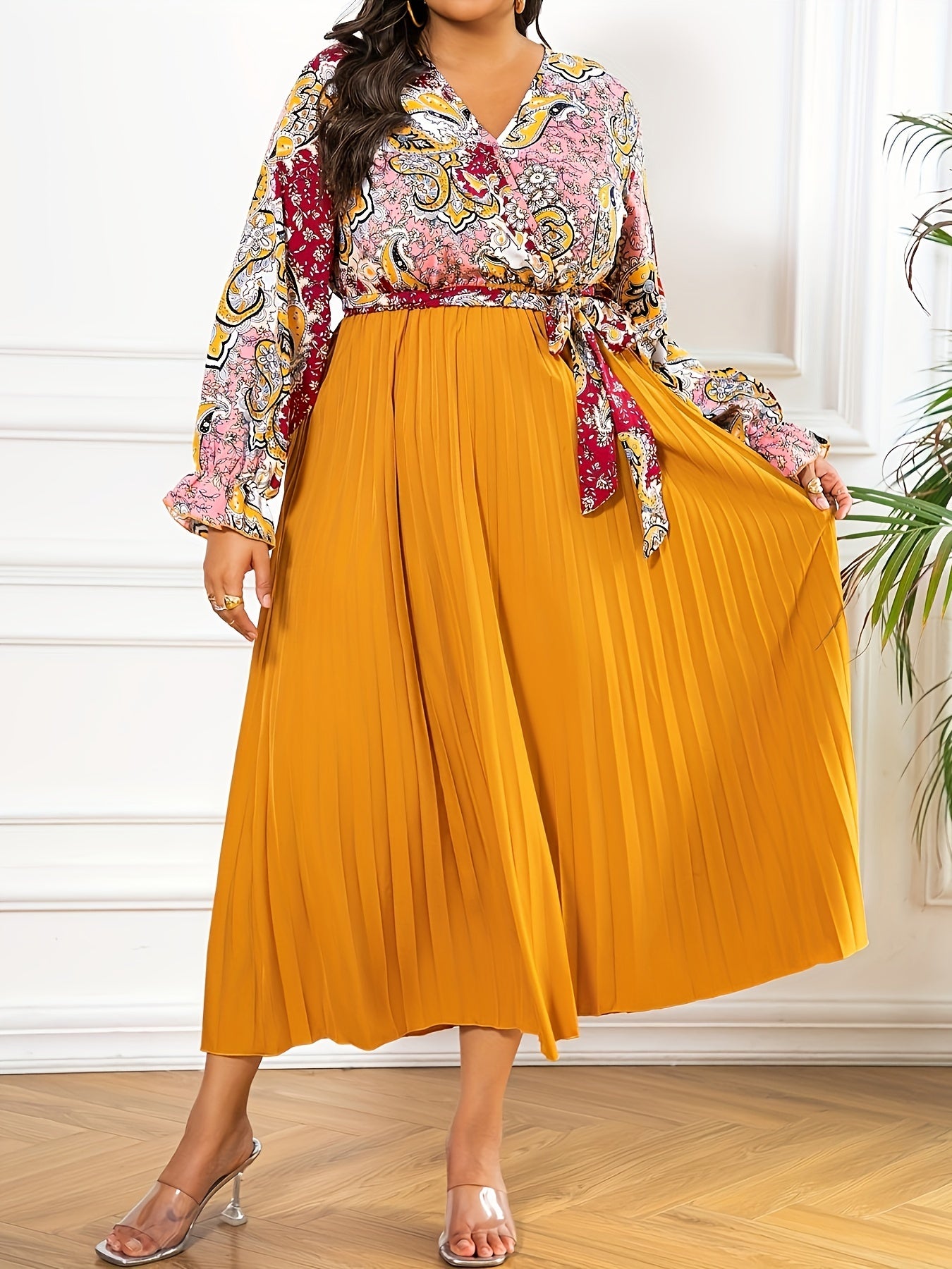 Paisley Print Long Sleeve Boho Dress
