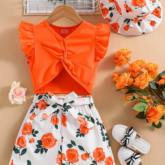 Girls Twist Front V Neck Top & Floral Print Shorts Set