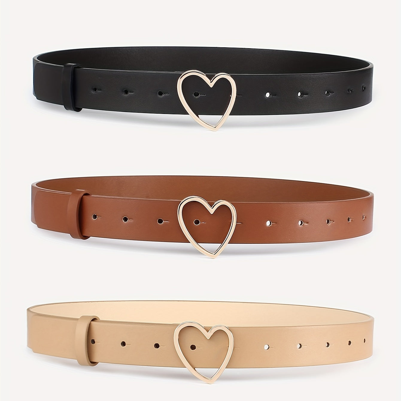 3pcs Heart Buckle Belt Classic PU Leather Waist Belt for Women