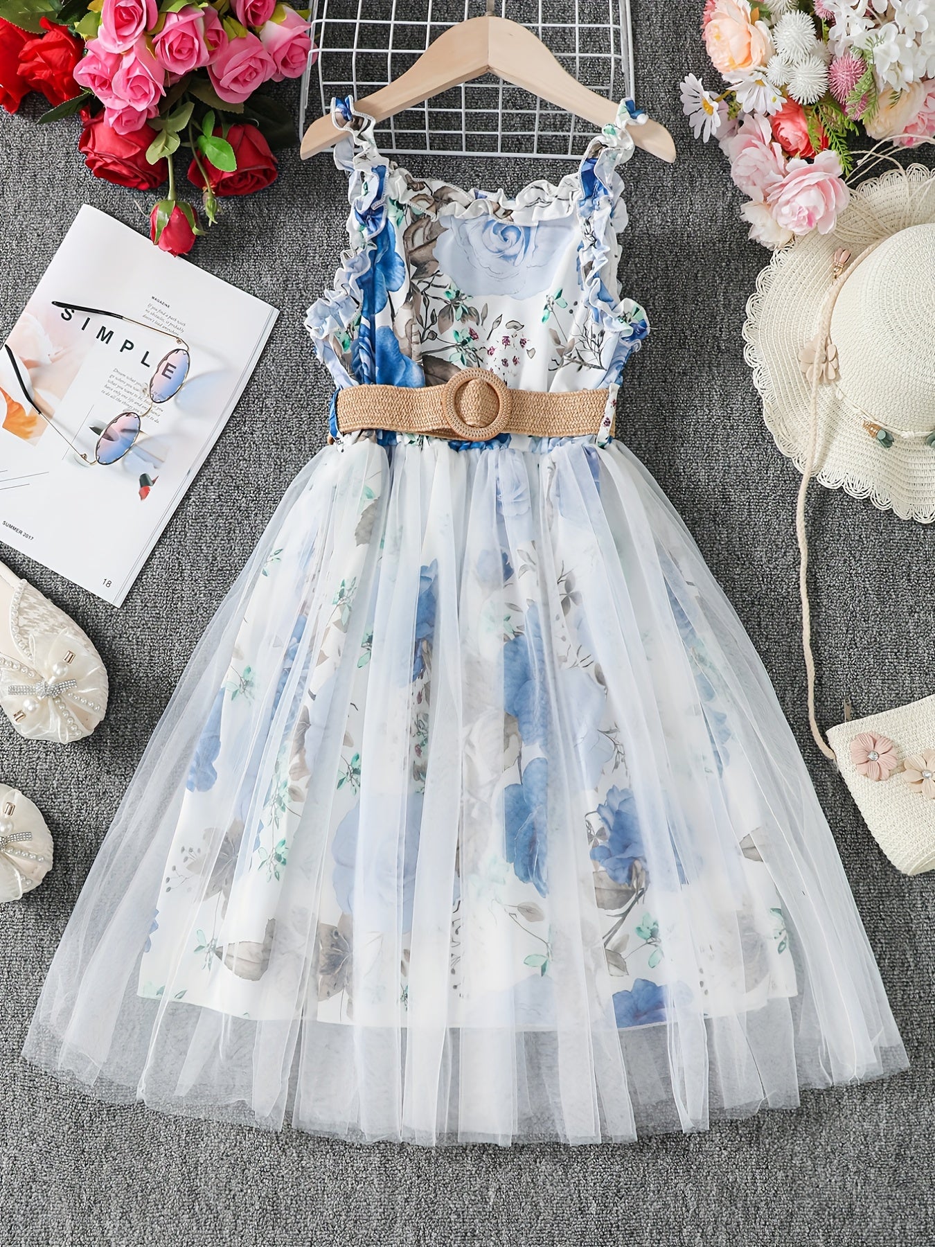 Girls Floral Print Mesh Tulle Cami Dress with Belt