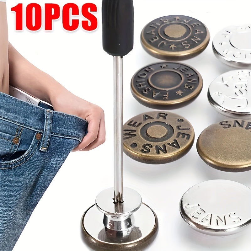 10pcs No Sewing Metal Jeans Buttons Kit 17mm Nailless Removable Jean Buttons
