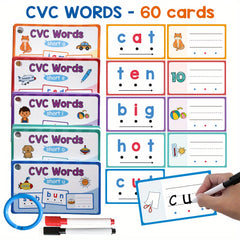 60pcs CVC Words Flashcards Phonics Learning Educational Word Builders