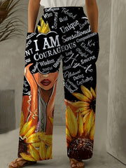 Women's Sunflower & Cartoon Print High Rise Pants