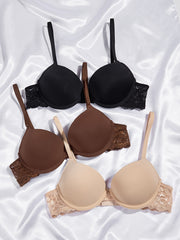 3pcs Lace T Shirt Bras Push Up Comfy & Breathable Women's Lingerie