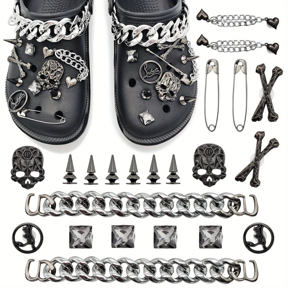 22pcs Punk Metal Rivets Shoe Charms with Chain - Pointed Toe Charms Accessories