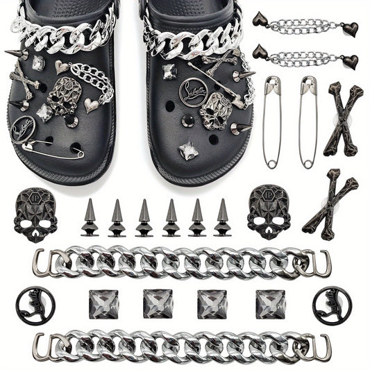 22pcs Punk Metal Rivets Shoe Charms with Chain - Pointed Toe Charms Accessories