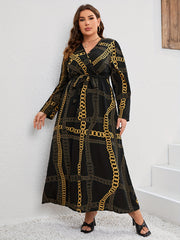  Chian Print Long Sleeve Surplice Neck Stretch Maxi Dress
