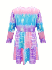 Women's Plus Tie Dye Long Sleeve Round Neck Ruffle Trim Smock Dress