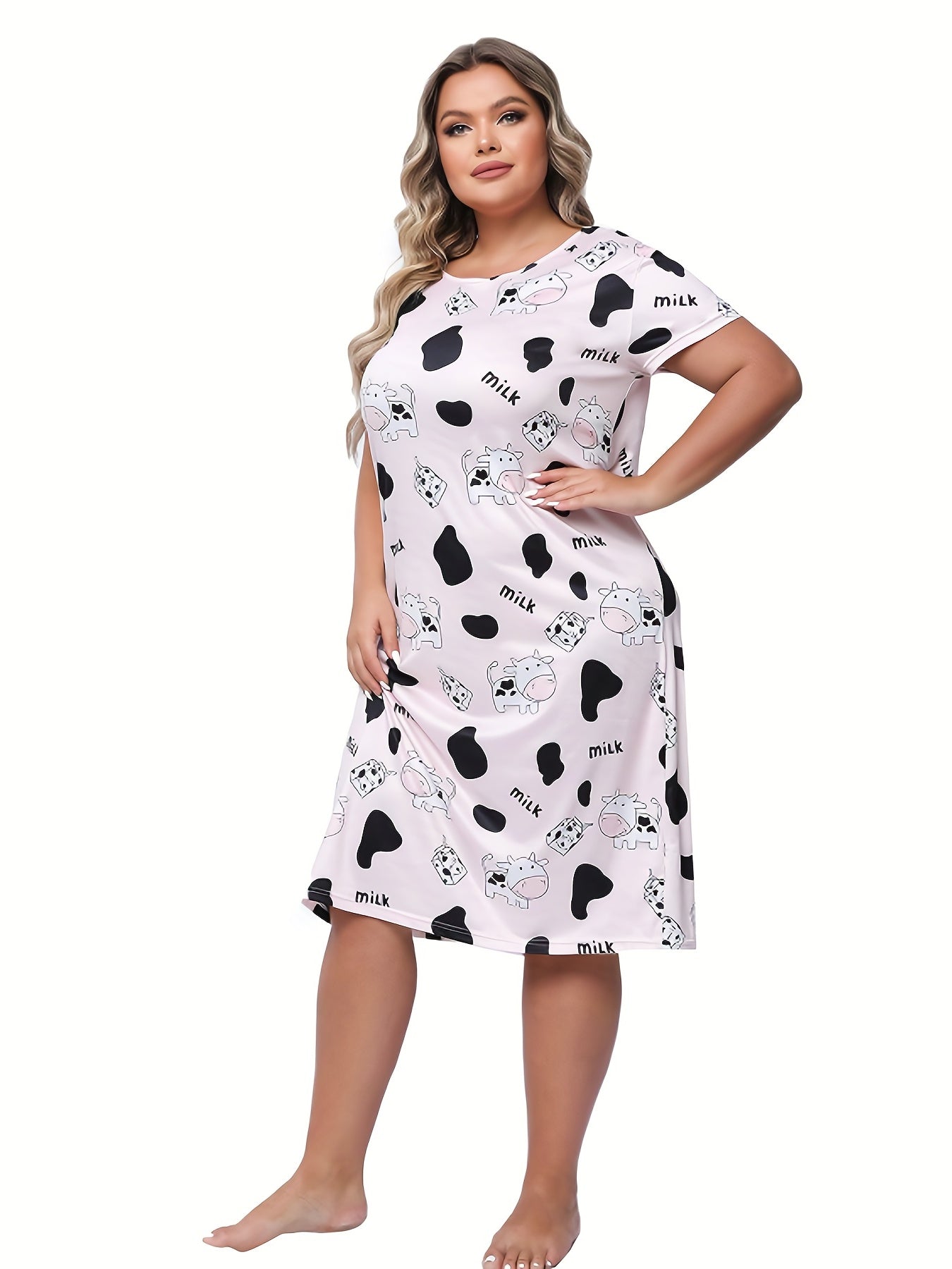 Women's Plus Cow Print Short Sleeve Round Neck High Stretch Sleep Dress