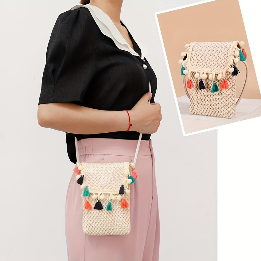 Straw Crossbody Bag with Colorful Tassel Decor