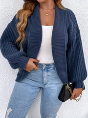  Solid Ribbed Lantern Sleeve Cardigan