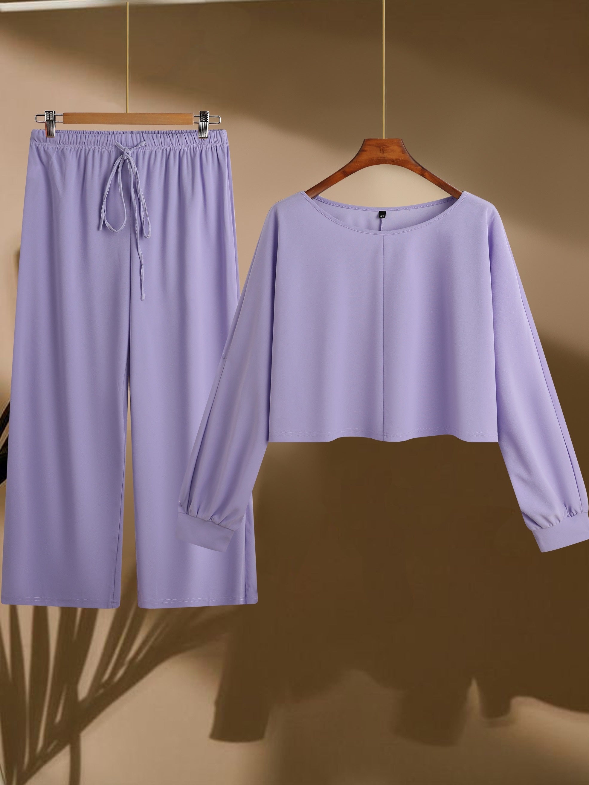  Solid Lantern Sleeve Top & Drawstring Pants Set