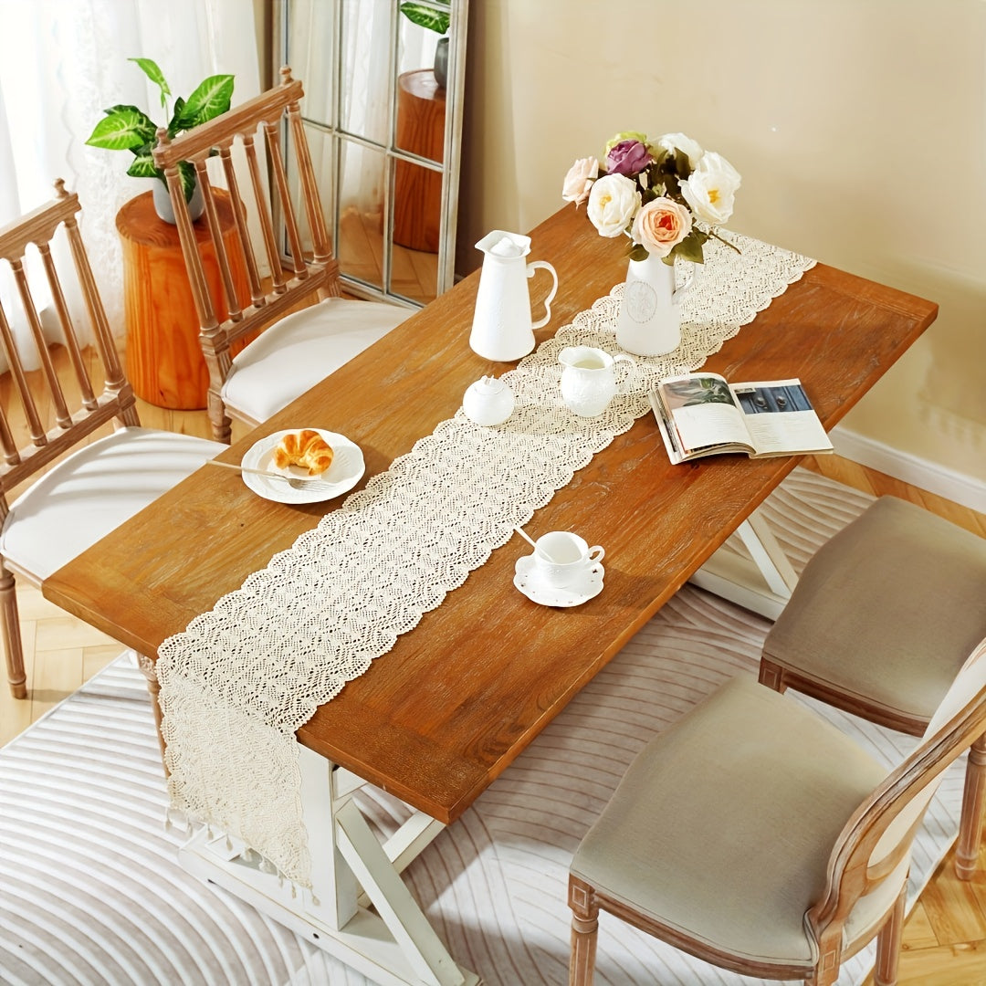 American Crochet Lace Table Runner Beige Cover
