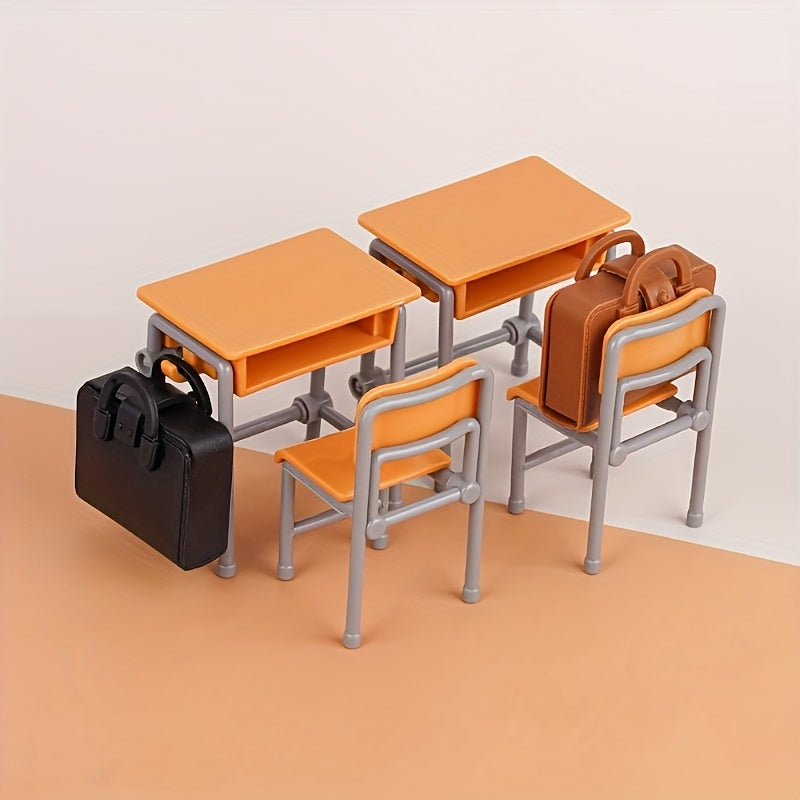6pcs Mini Classroom Set Desk Chair Backpack Dollhouse School Decor