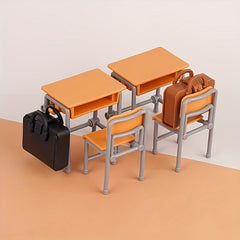 6pcs Mini Classroom Set Desk Chair Backpack Dollhouse School Decor