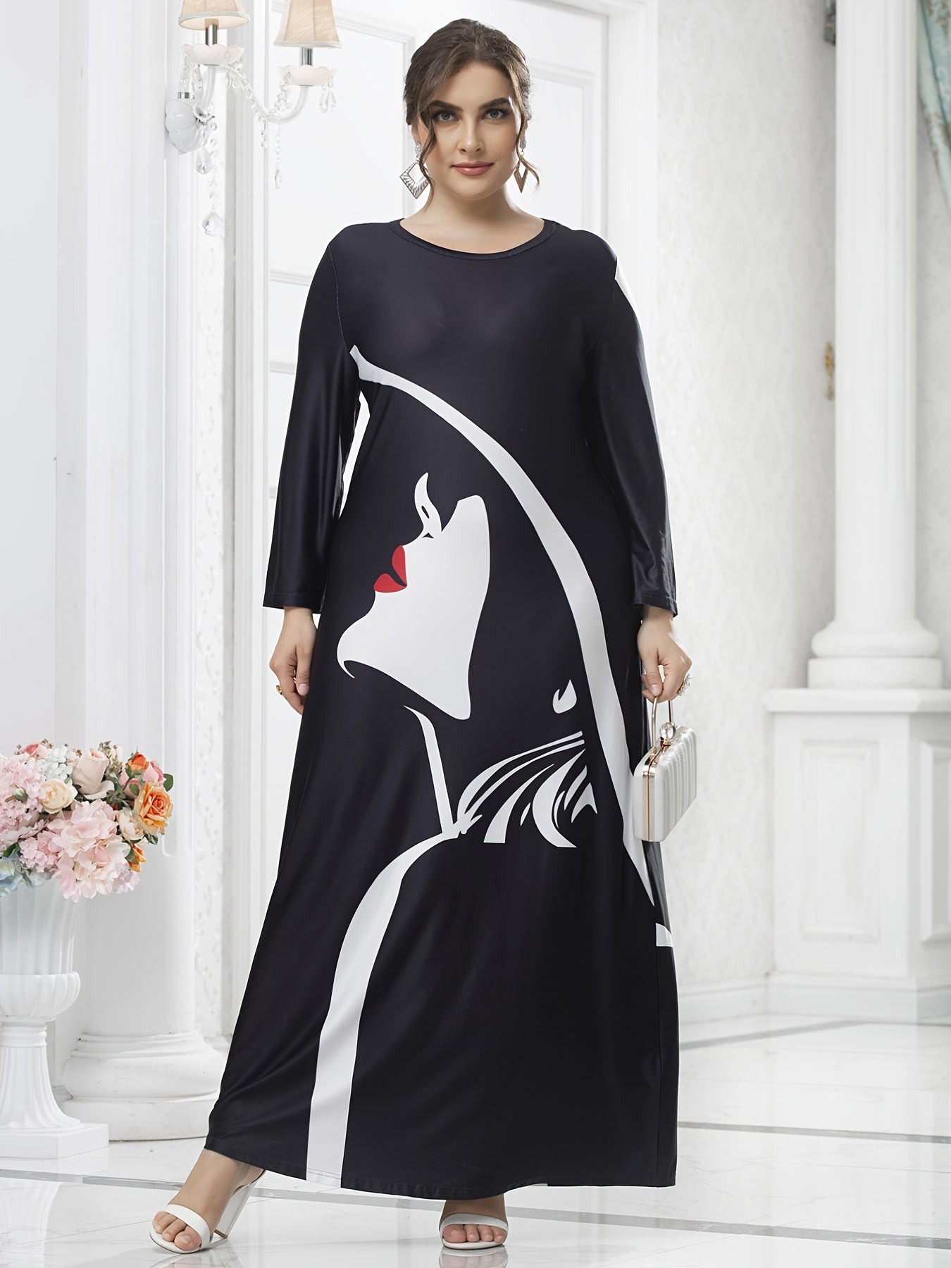 Women's Plus Colorblock Figure Print Long Sleeve Maxi Dress