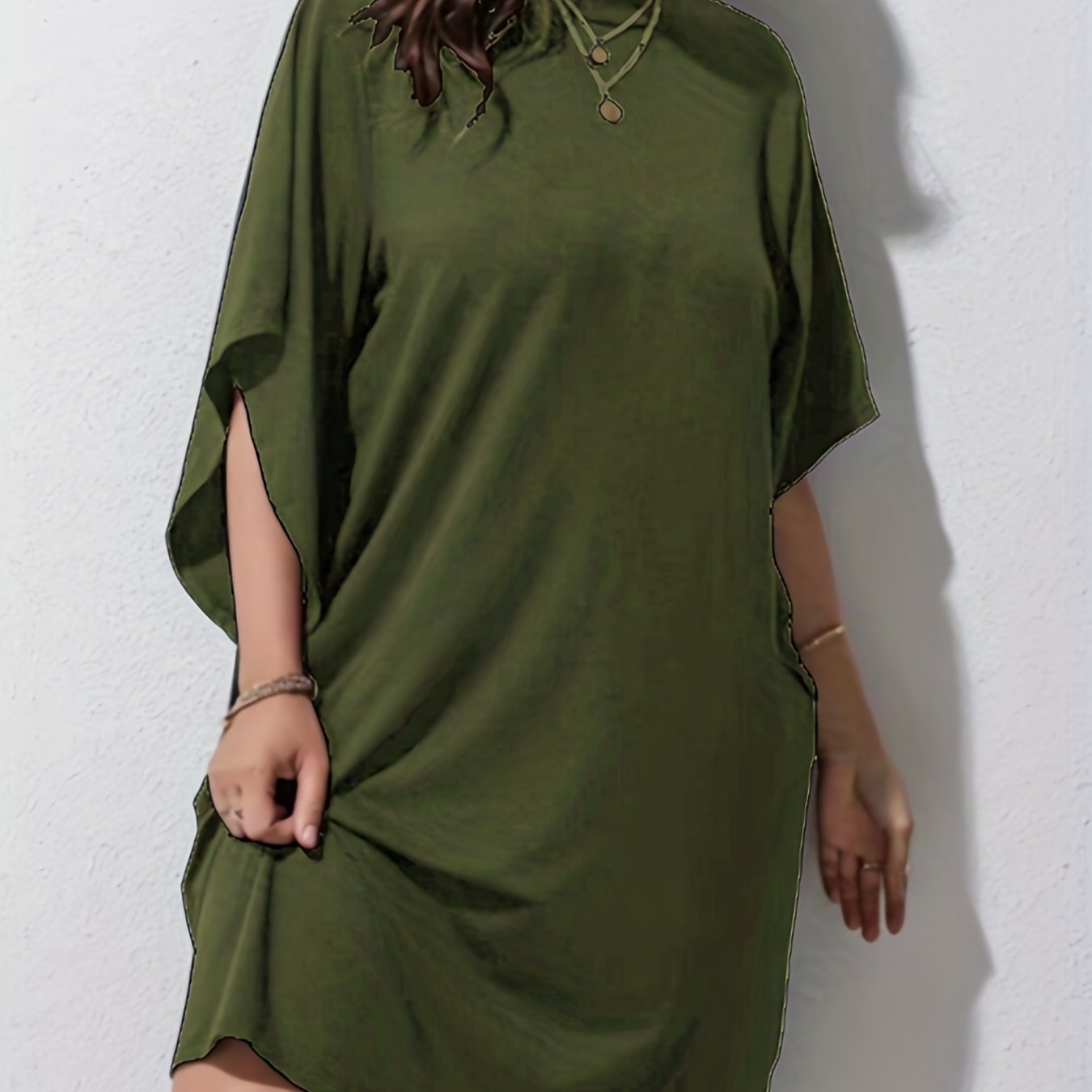  Casual Dress Women's Plus Plain Bat Sleeve