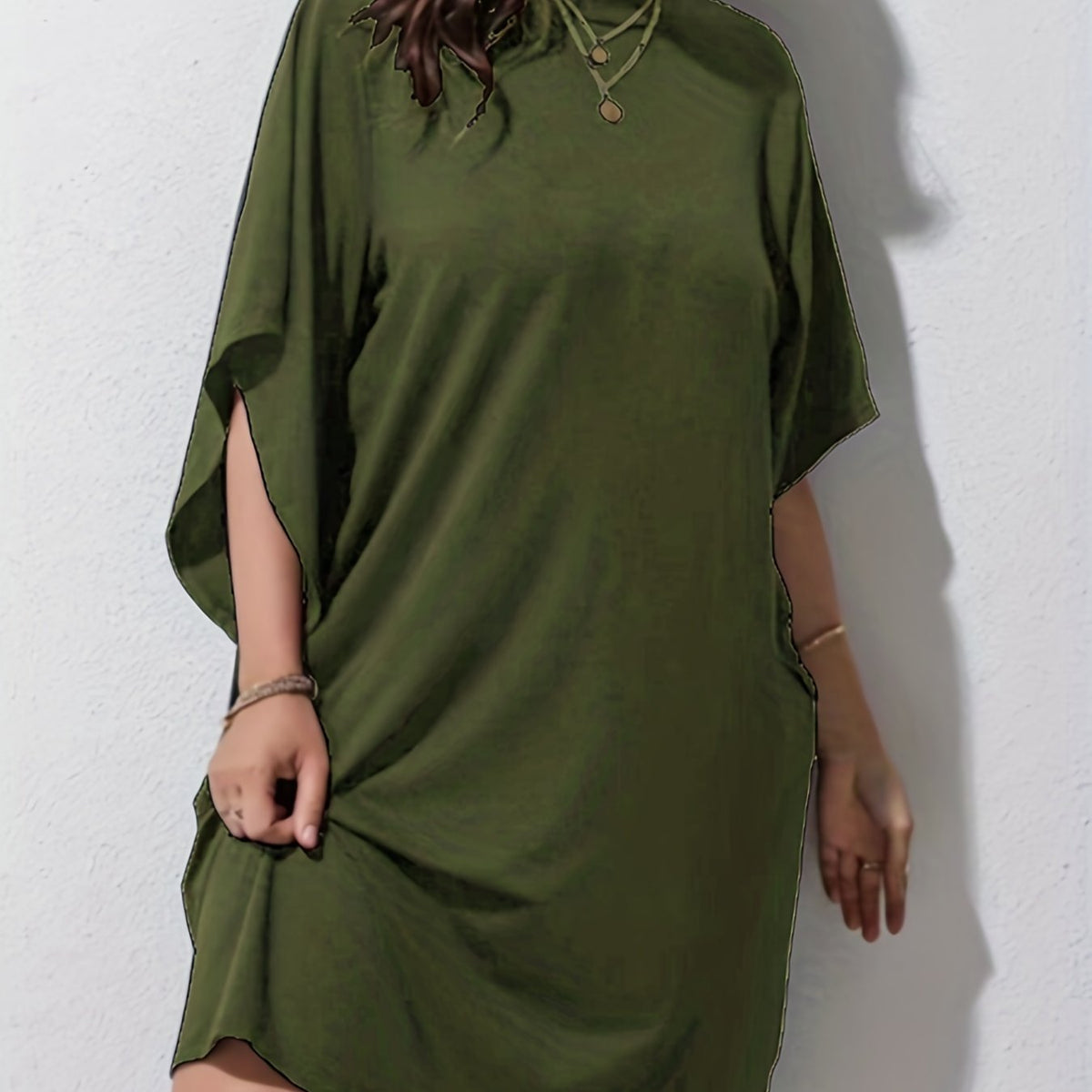  Casual Dress Women's Plus Plain Bat Sleeve