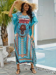  Boho Cover Up Women's Plus Ethnic Print Batwing Sleeve Round Neck