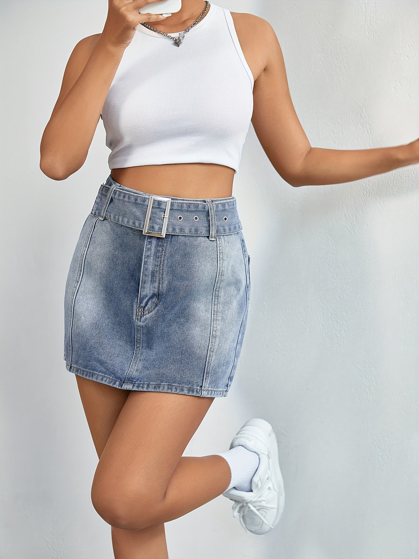 Adjustable Belt High Waist Mini Denim Skirt Women's Clothing