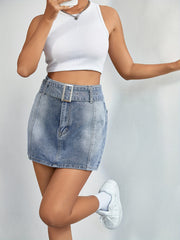 Adjustable Belt High Waist Mini Denim Skirt Women's Clothing