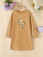 Girls' Floral Dino Bones Print Long Sleeve A-line Dress