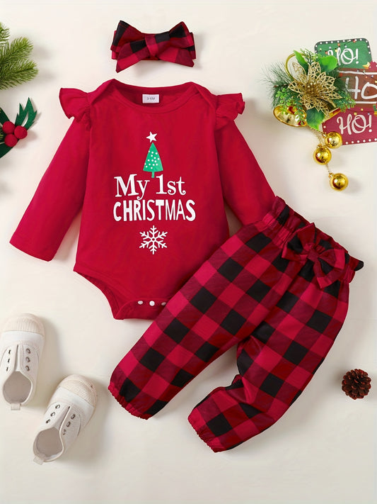 Baby Girls 3pcs Christmas Outfit MY 1ST CHRISTMAS Print Romper & Plaid Pants