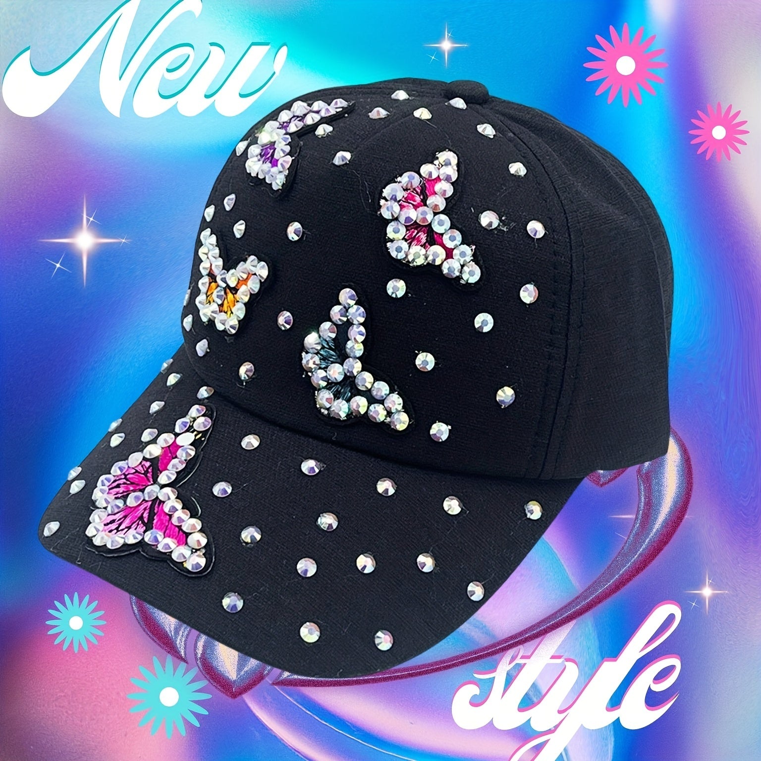 Y2K Butterfly Rhinestone Baseball Cap Ripped Cotton Dad Hats