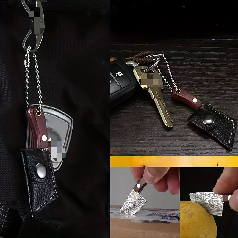 Mini Damascus Pattern Toy Keychain with Leather Cover