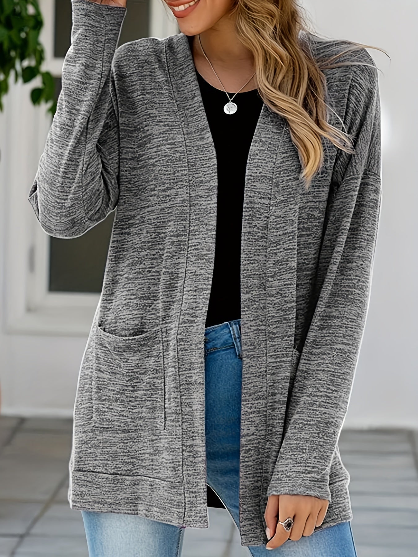  Heathered Long Sleeve Open Front Cardigan With Pockets
