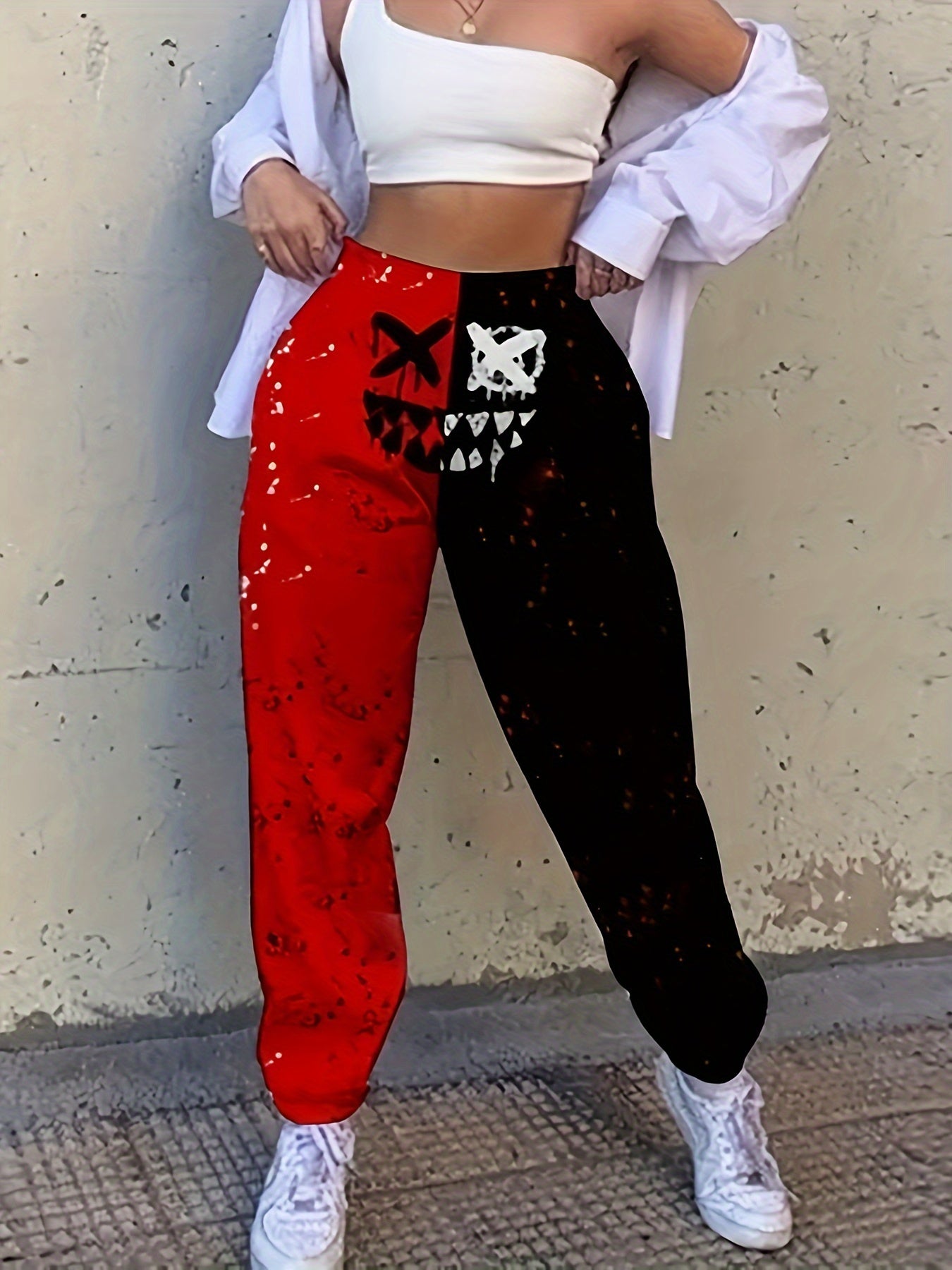  Colorblock Funny Face Print High Rise Joggers