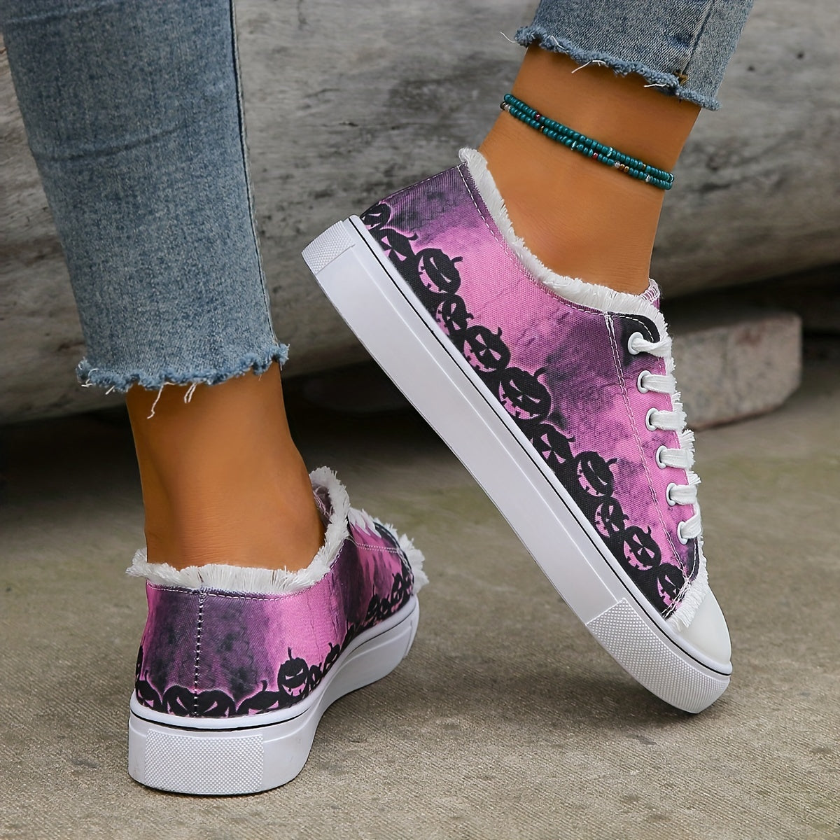 Women's Pumpkin Pattern Lace Up Canvas Halloween Shoes