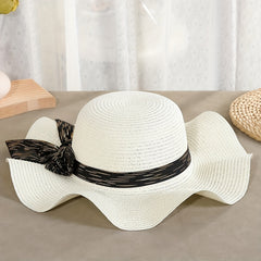 Boho Bow Ribbon Sunhat Wavy Edge Straw Hat Outdoor Sun Protection