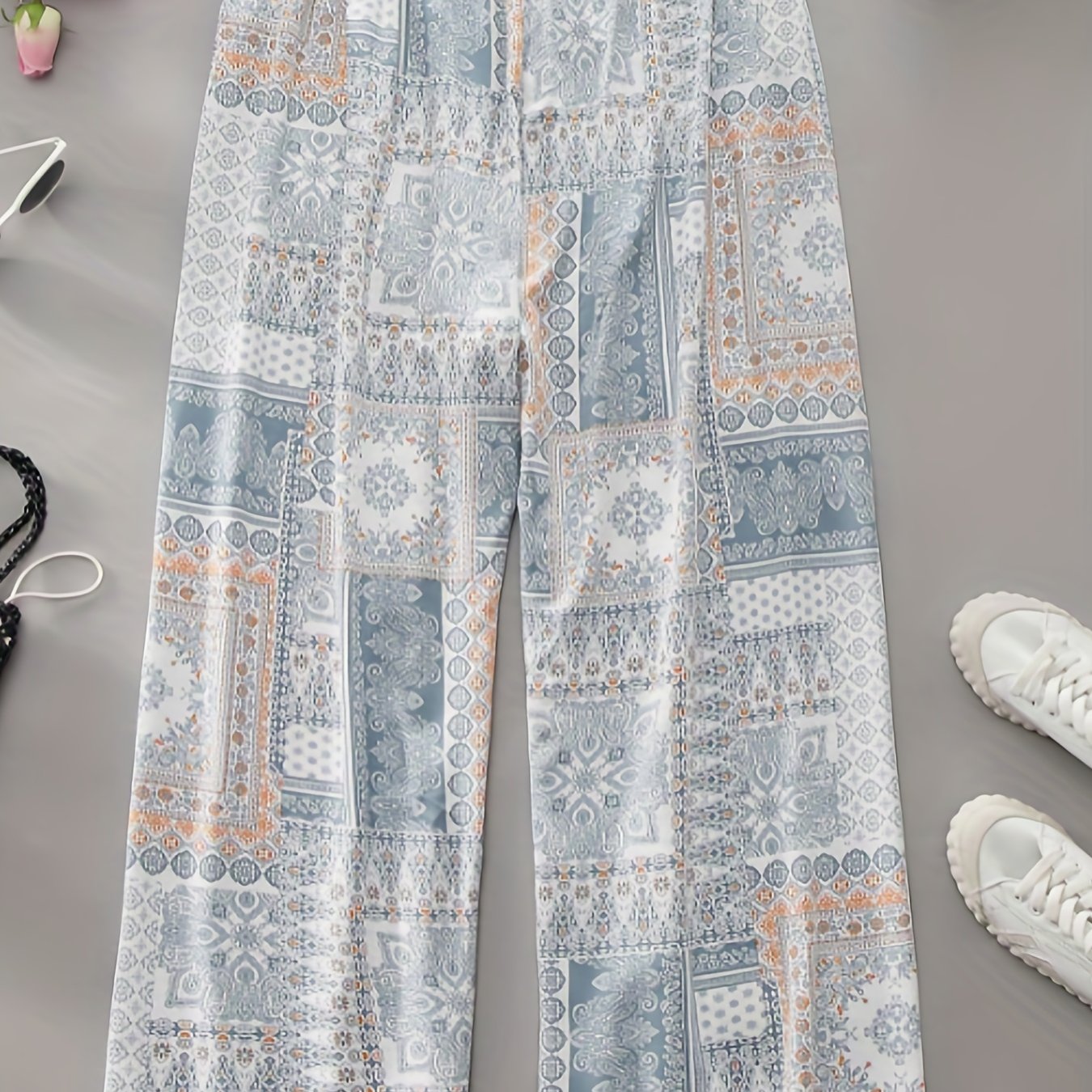 Boho Patchwork Print Wide Leg Pants Plus Size