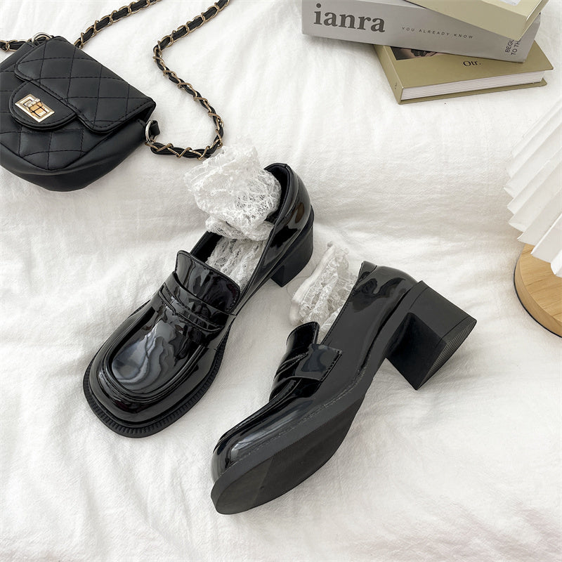 Women's Chunky Heeled Loafers, Faux Patent Leather